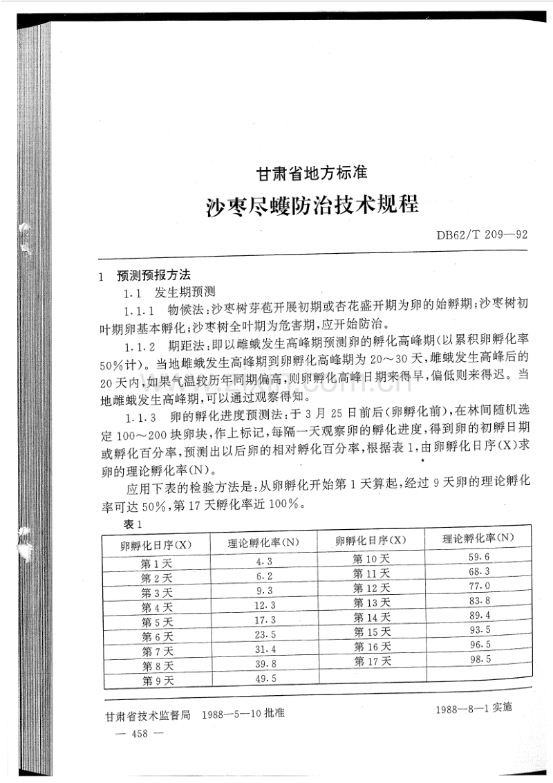 DB62／T 209-1992 沙枣尽蠖防治技术规程.pdf_第1页