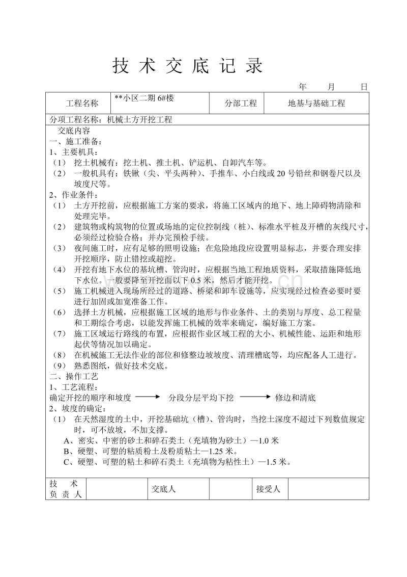 小区二期6#楼机械土方开挖工程技术交底记录.doc_第1页
