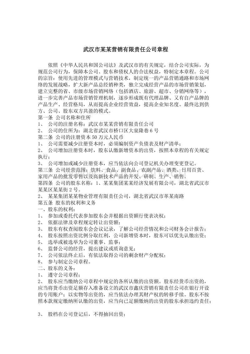 武汉市某某营销有限责任公司章程.DOC_第1页