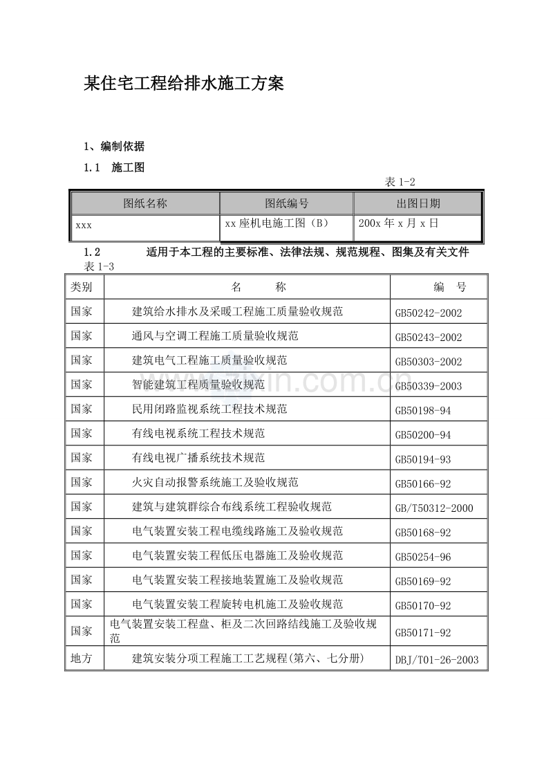 某住宅工程给排水施工方案.doc_第1页
