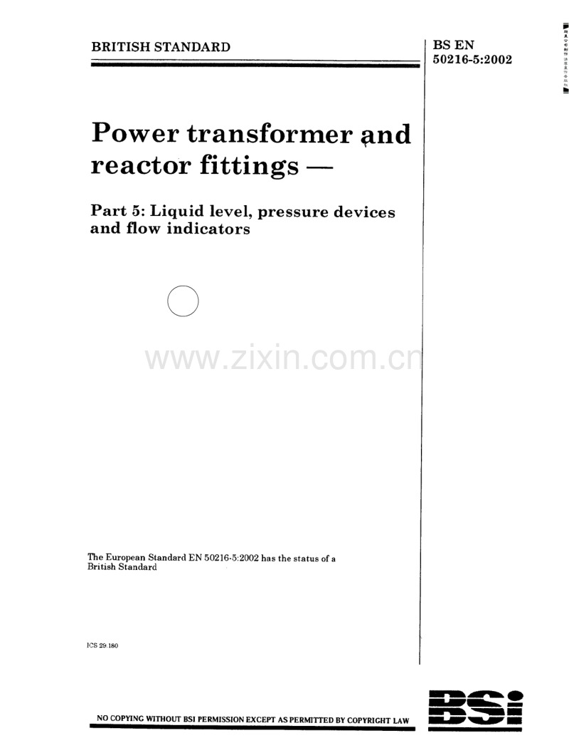 BS EN 50216-5-2002 电力变压器和反应堆配件.液位、压力装置和流量指示计.pdf_第1页