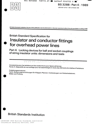 BS 3288-4-1989 架空电力绝缘子与架空电力导线.第4部分绝缘子组件的球窝连接的锁定装置尺寸和试验.pdf