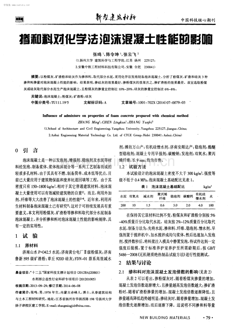 掺和料对化学法泡沫混凝土性能的影响.pdf_第1页