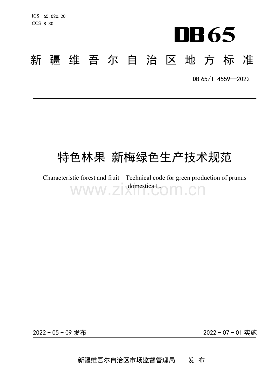 DB65∕T 4559-2022 特色林果 新梅绿色生产技术规范.pdf_第1页