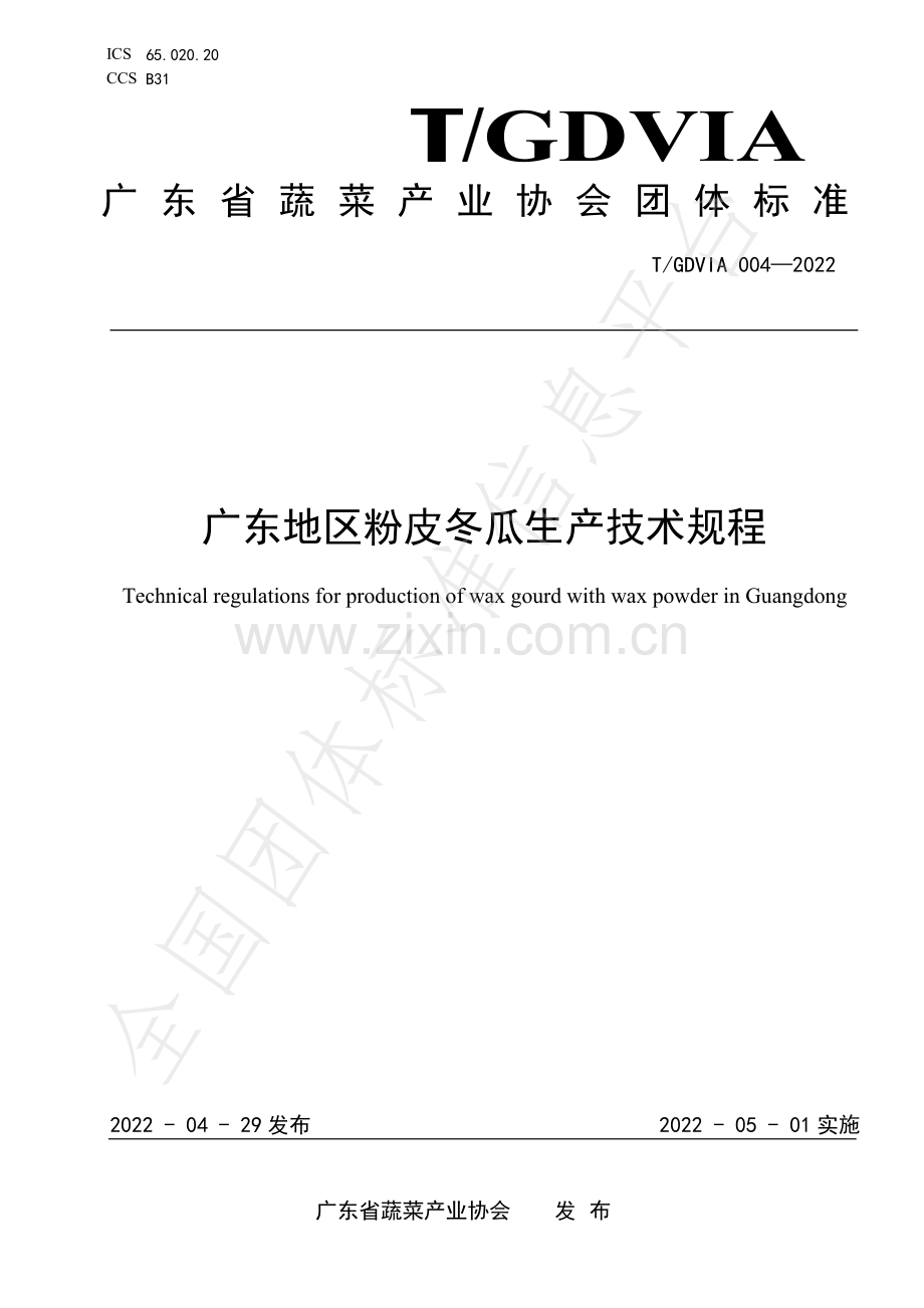T∕GDVIA 004-2022 广东地区粉皮冬瓜生产技术规程.pdf_第1页