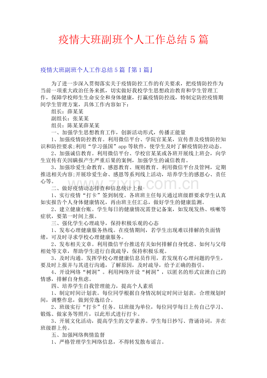 疫情大班副班个人工作总结5篇.docx_第1页