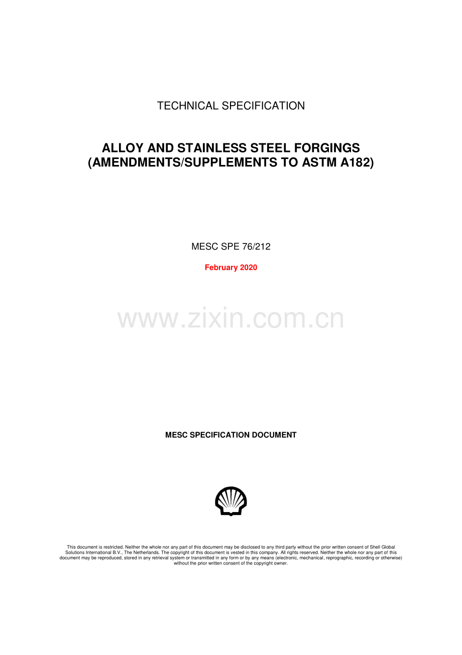 MESC SPE 76∕212 February 2020 ALLOY AND STAINLESS STEEL FORGINGS(AMENDMENTS∕SUPPLEMENTS TO ASTM A182).pdf_第1页