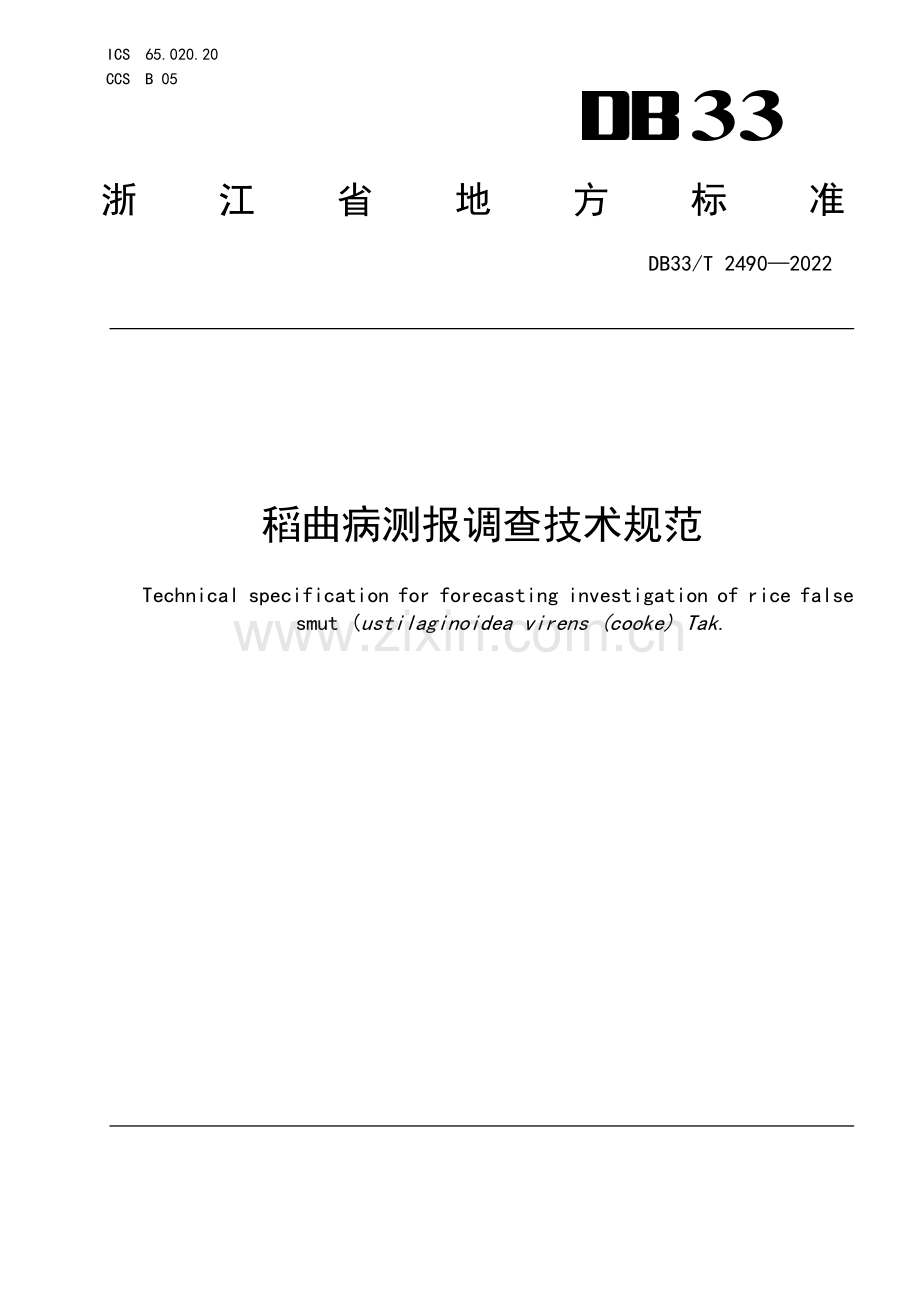 DB33∕T 2490-2022 稻曲病测报调查技术规范(浙江省).pdf_第1页