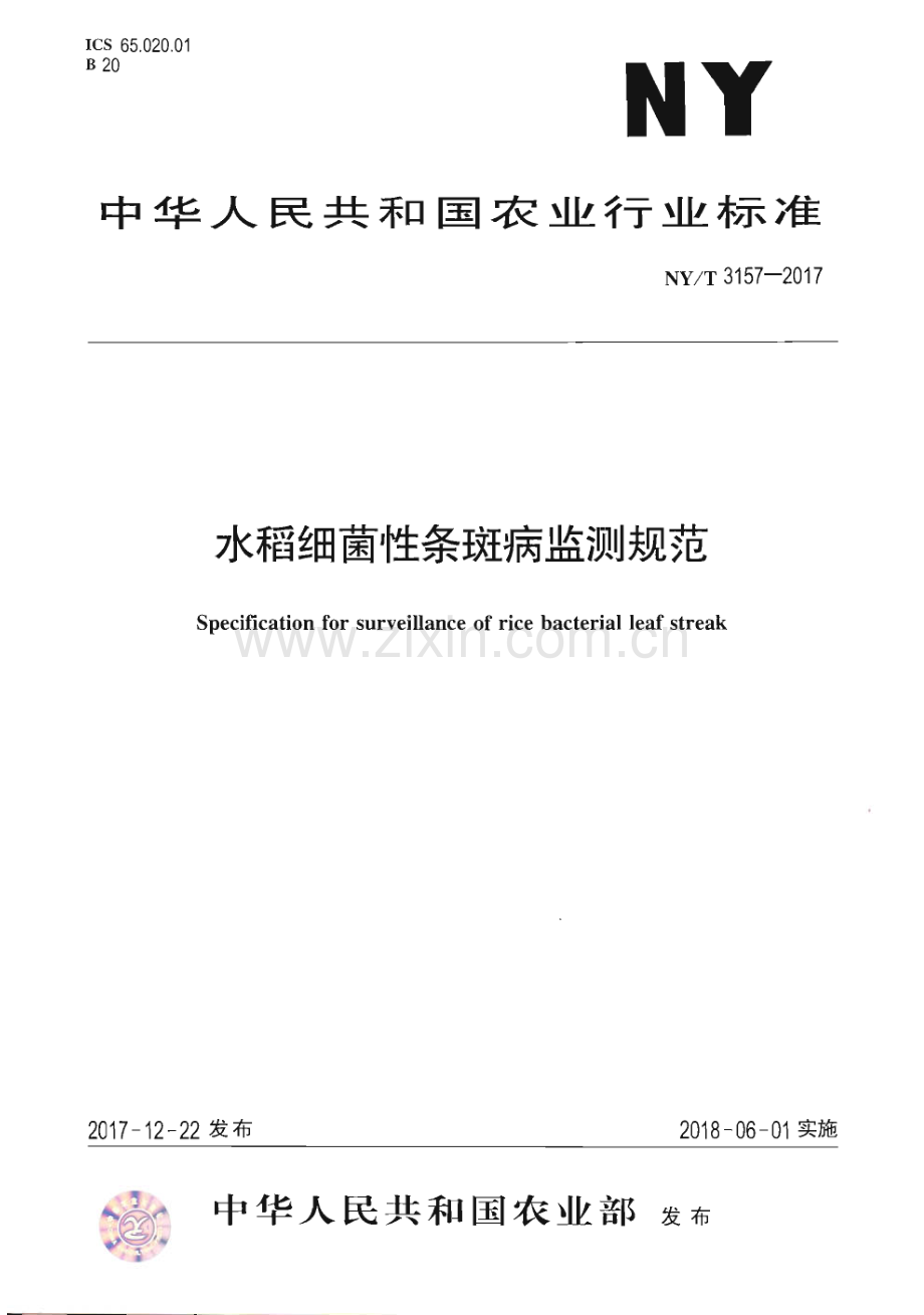 NY∕T 3157-2017 水稻细菌性条斑病监测规范(农业).pdf_第1页