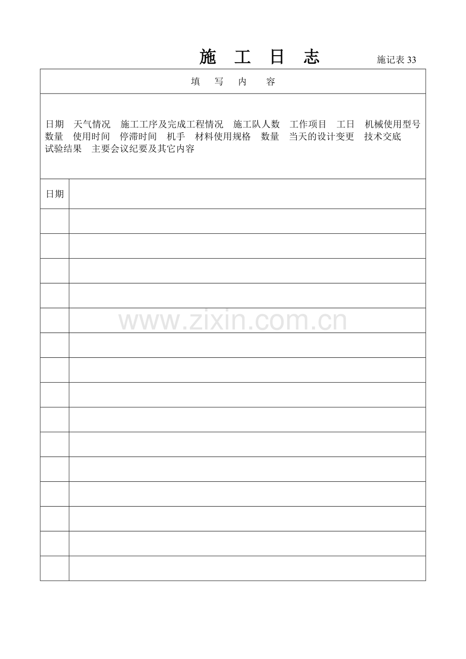 施工管理记录表模板-施工日志.doc_第1页