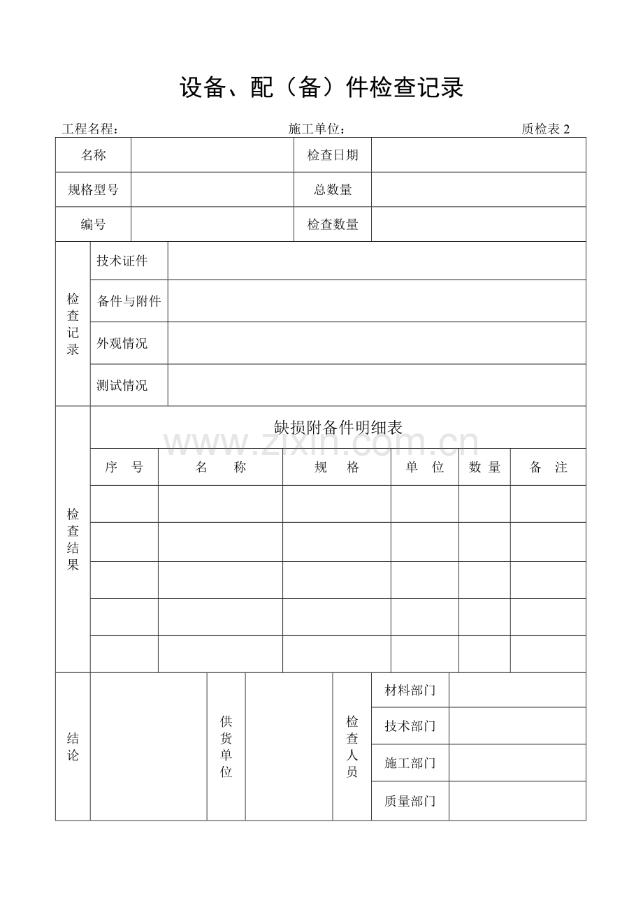 施工管理记录表模板-设备、配（备）件检查记录.doc_第1页