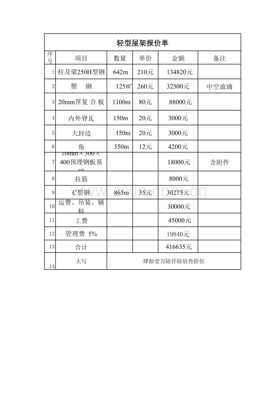 轻型屋架报价单.xls_第1页