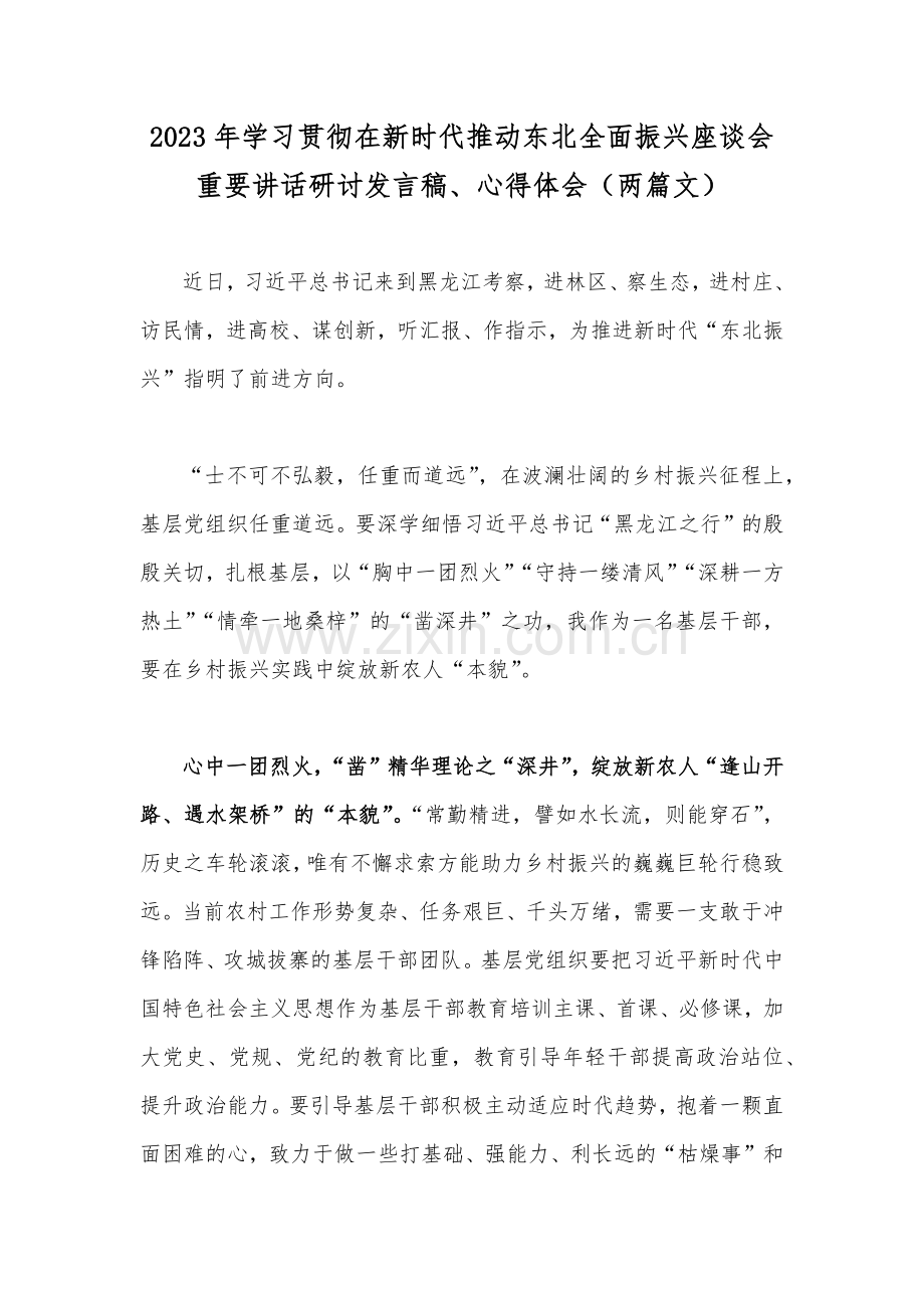 2023年学习贯彻在新时代推动东北全面振兴座谈会重要讲话研讨发言稿、心得体会（两篇文）.docx_第1页