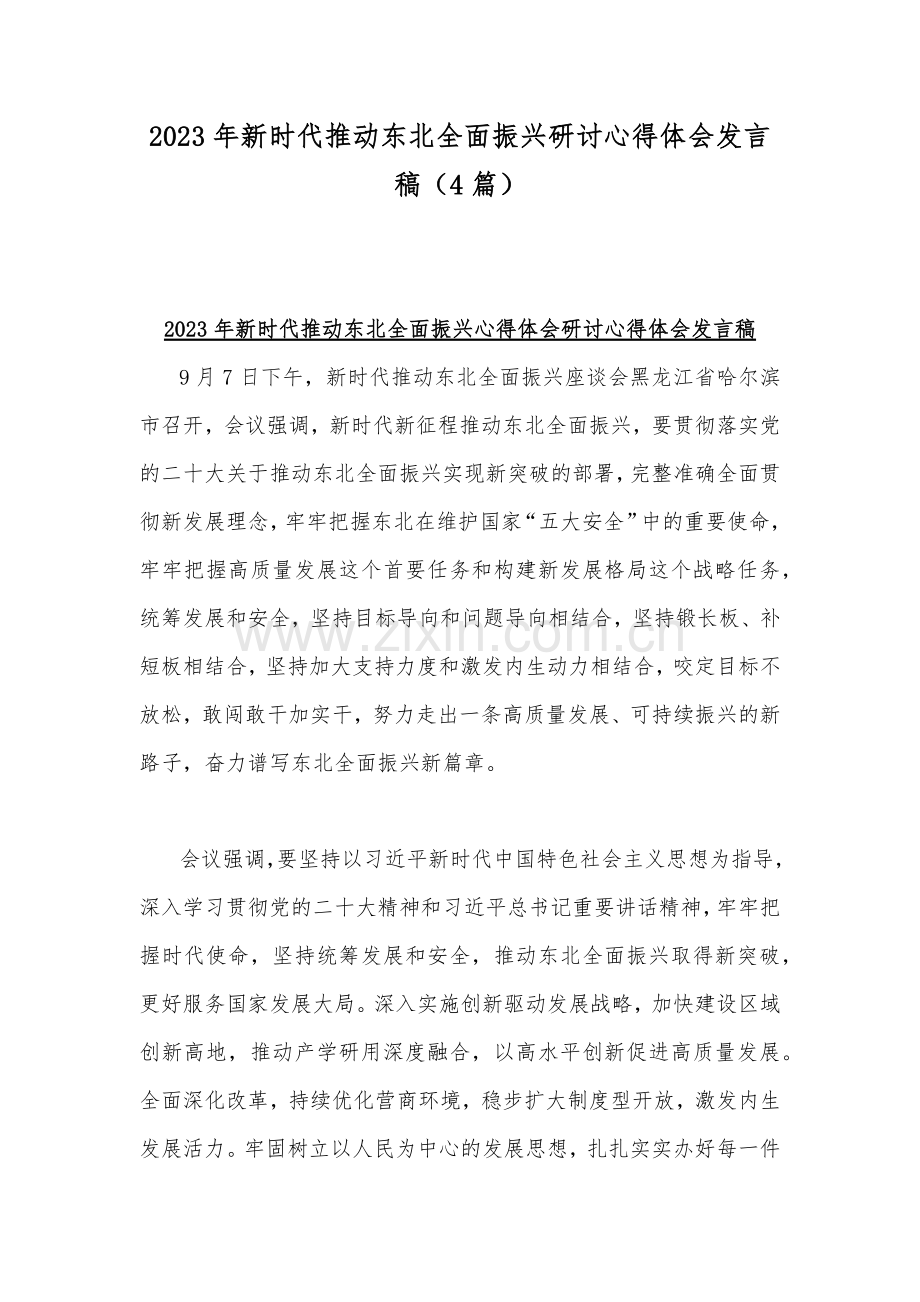 2023年新时代推动东北全面振兴研讨心得体会发言稿（4篇）.docx_第1页