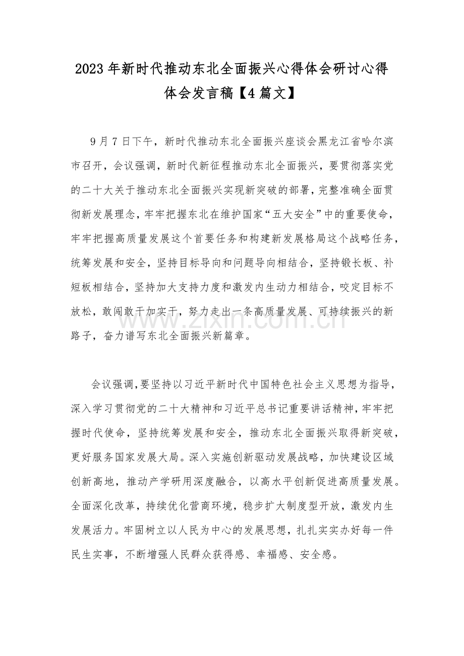 2023年新时代推动东北全面振兴心得体会研讨心得体会发言稿【4篇文】.docx_第1页