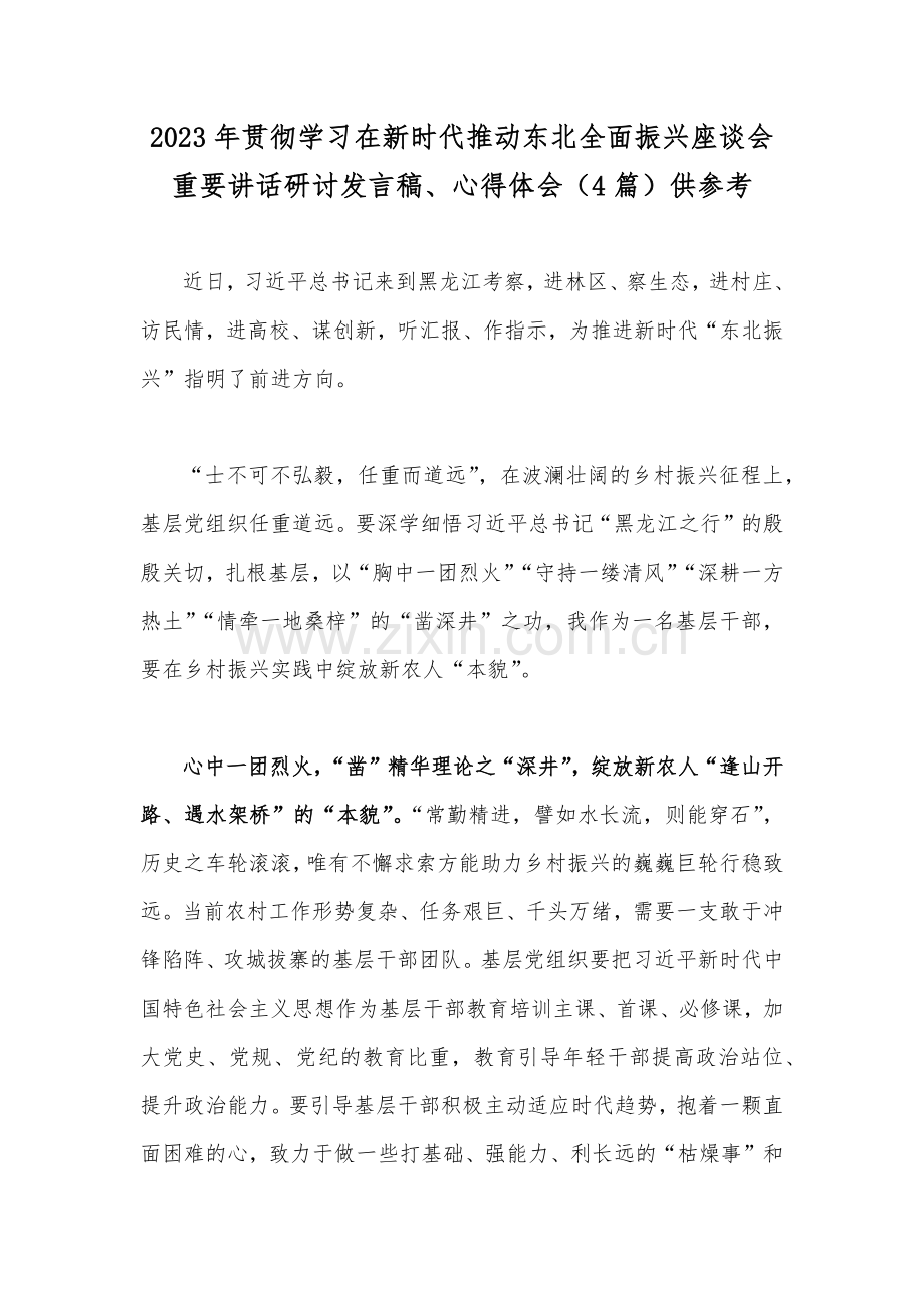2023年贯彻学习在新时代推动东北全面振兴座谈会重要讲话研讨发言稿、心得体会（4篇）供参考.docx_第1页