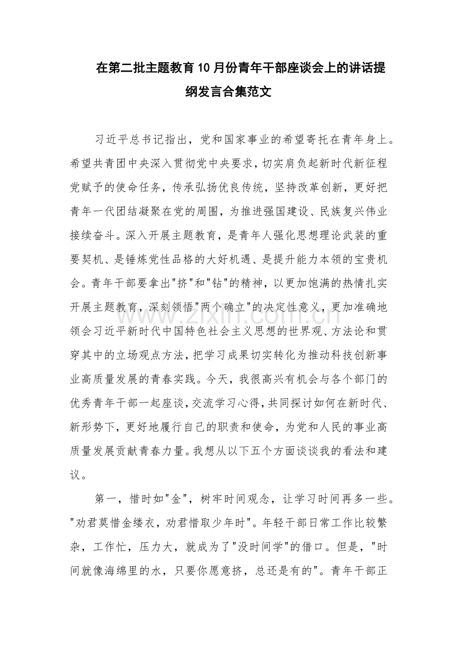 在第二批主题教育10月份青年干部座谈会上的讲话提纲发言合集范文.docx_第1页