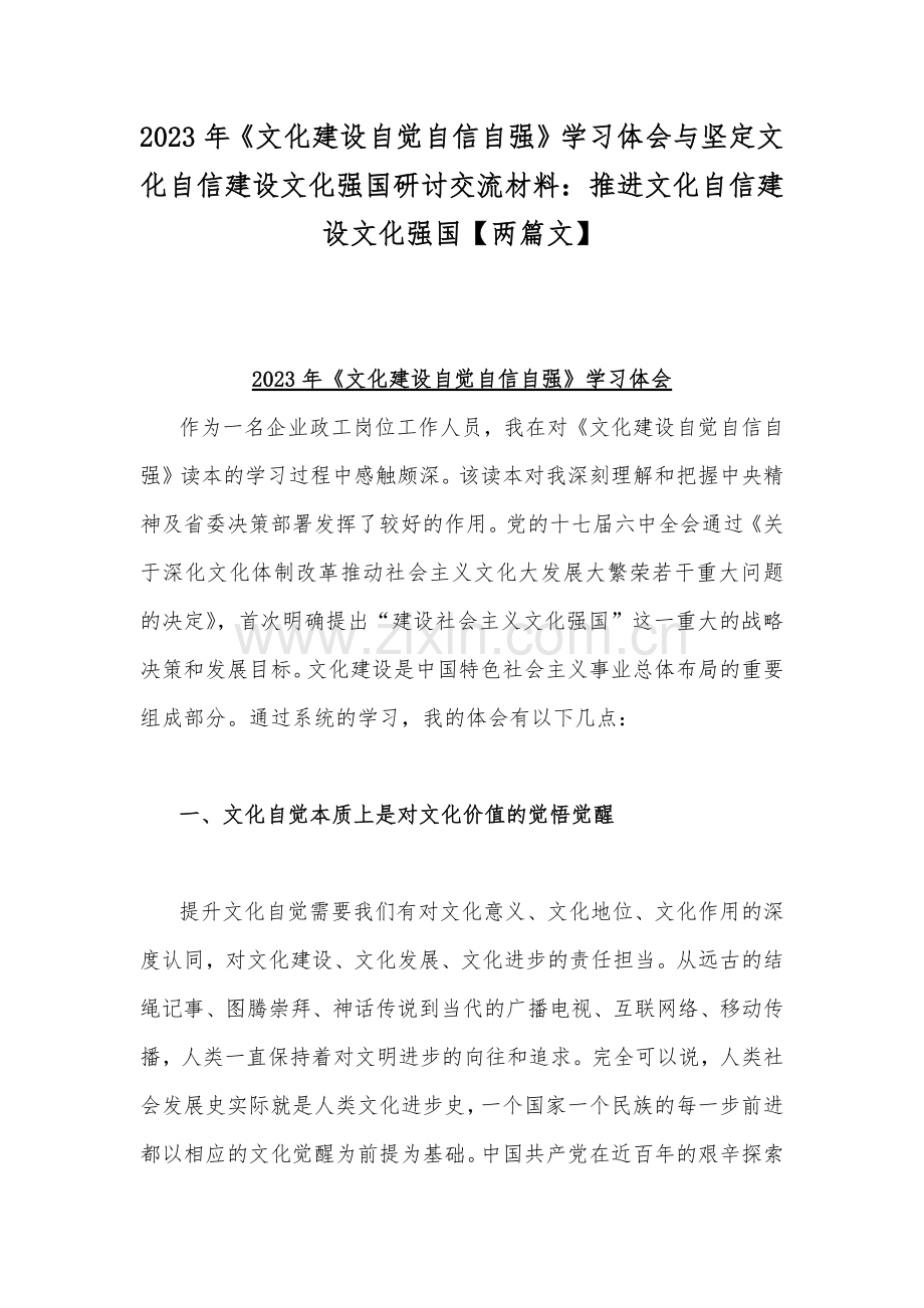 2023年《文化建设自觉自信自强》学习体会与坚定文化自信建设文化强国研讨交流材料：推进文化自信建设文化强国【两篇文】.docx_第1页