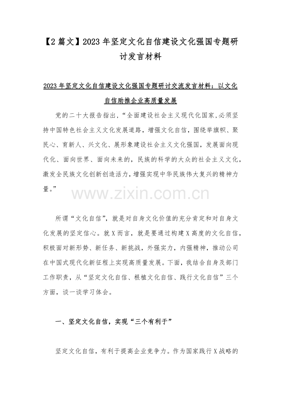 【2篇文】2023年坚定文化自信建设文化强国专题研讨发言材料.docx_第1页