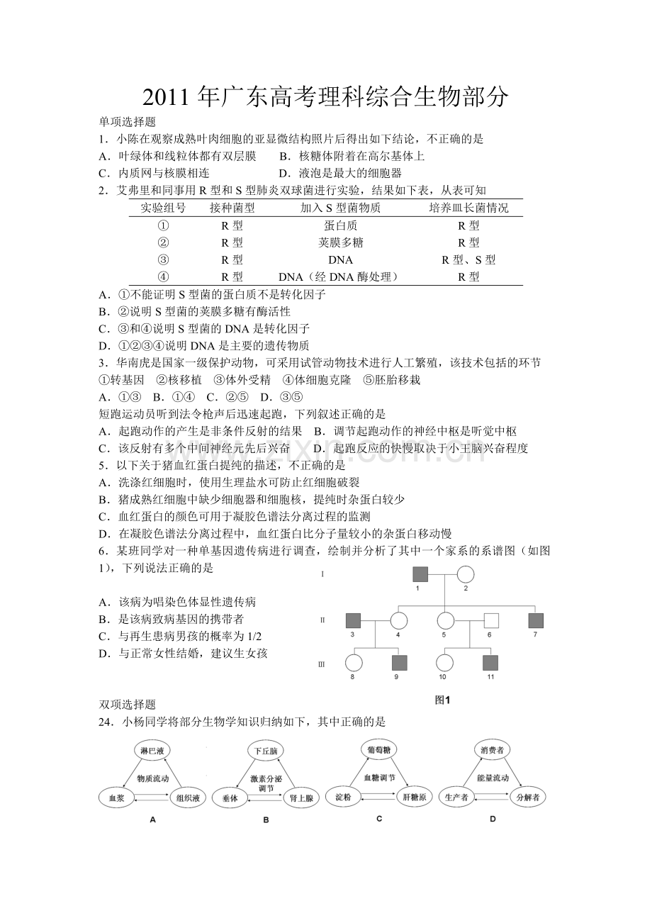 2011广东高考理综生物试卷及答案.doc_第1页
