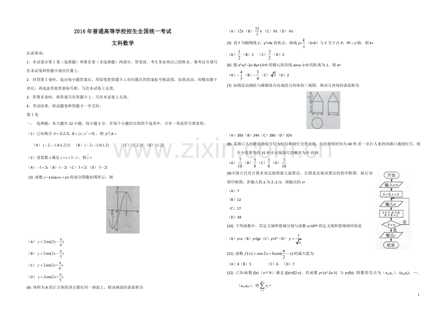 2016年海南省高考数学（原卷版）（文科）.doc_第1页