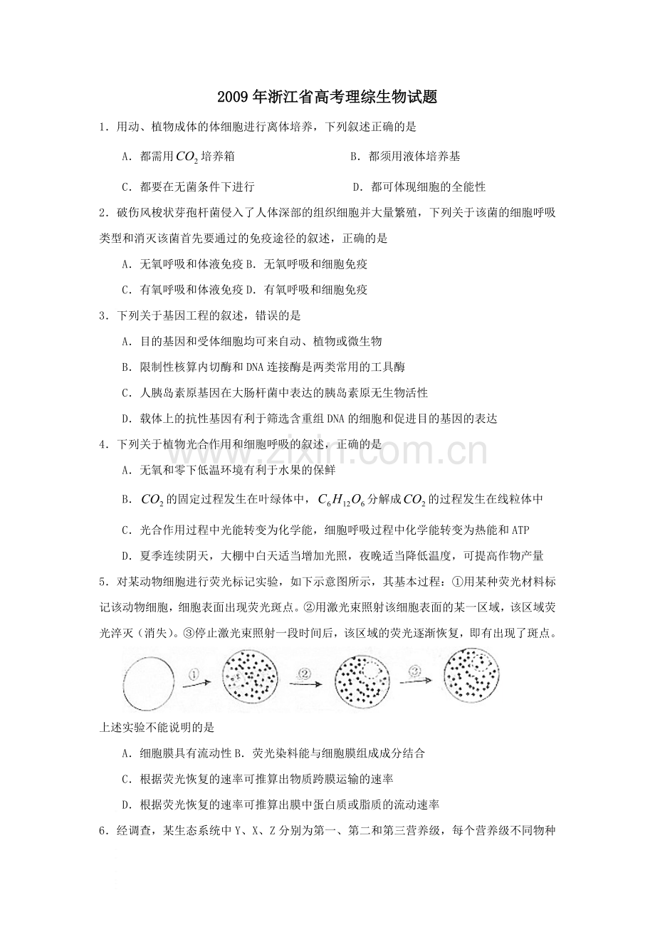 2009年浙江省高考生物（原卷版）.docx_第1页