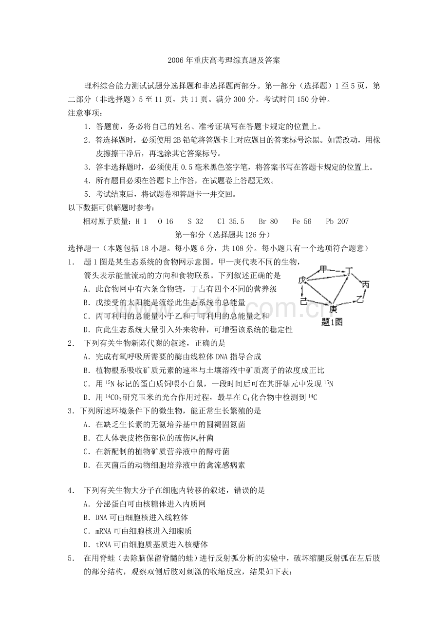 2006年重庆高考理综真题及答案.doc_第1页