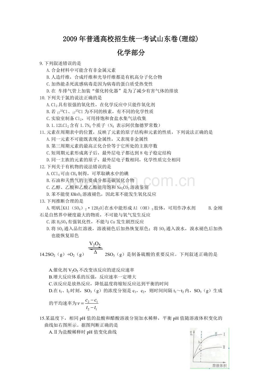 2009年高考真题 化学(山东卷)（原卷版）.pdf_第1页