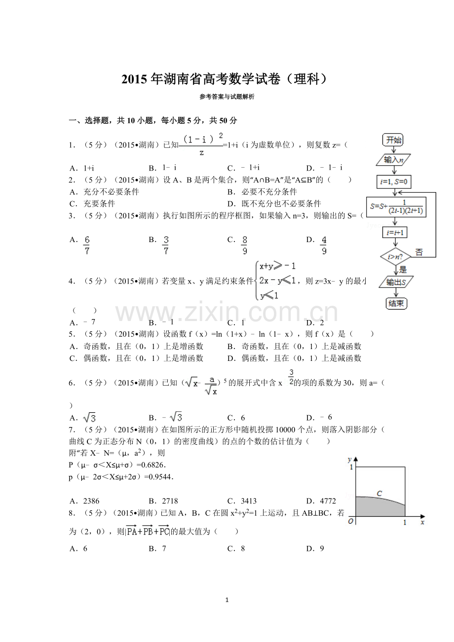 2015年湖南高考理科数学试题及答案.doc_第1页