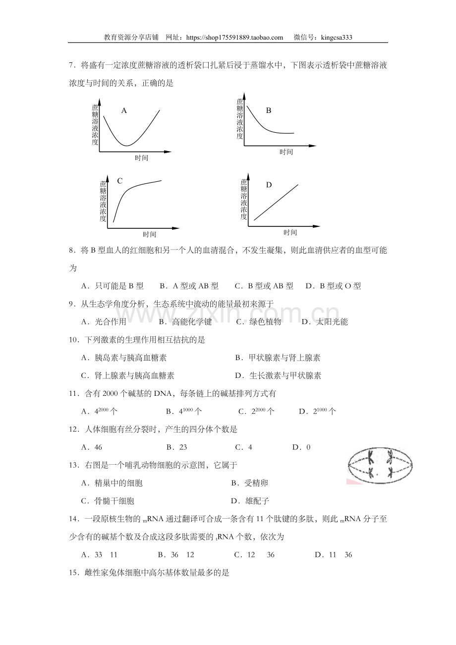 2005年上海市高中毕业统一学业考试生物试卷（答案版）.doc_第2页