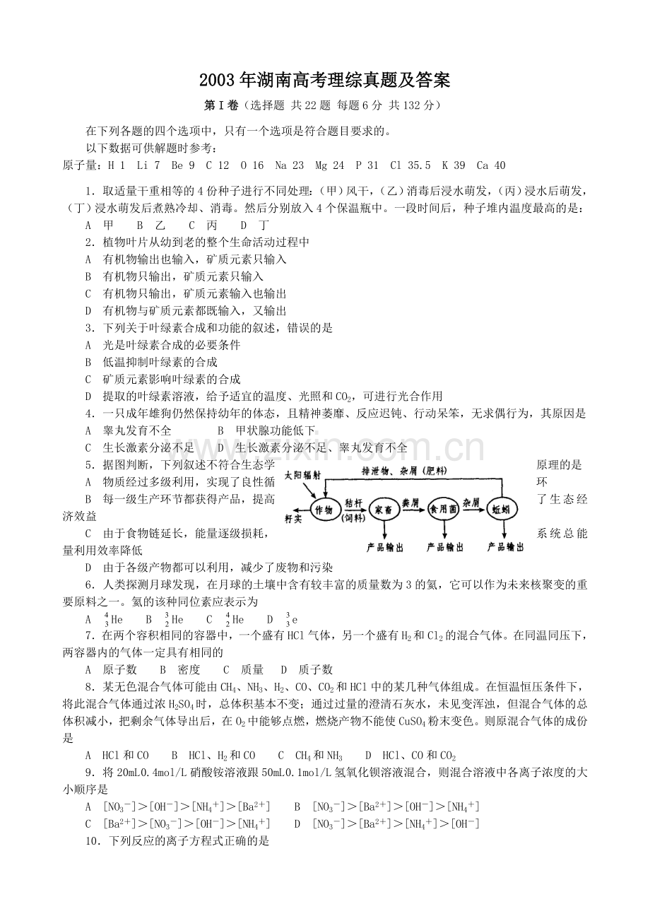 2003年湖南高考理综真题及答案.doc_第1页