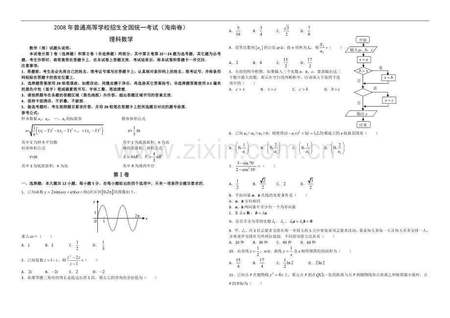 2008年海南省高考数学（原卷版）（理科）.doc_第1页