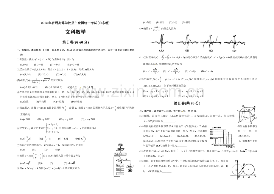 2012年高考真题数学【文】(山东卷)（原卷版).pdf_第1页
