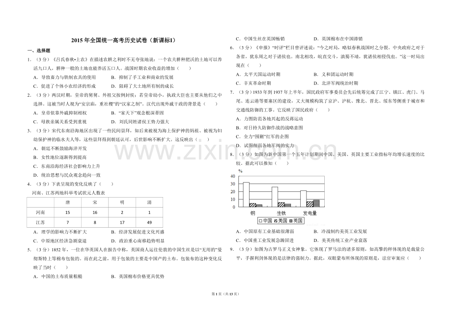 2015年全国统一高考历史试卷（新课标ⅰ）（含解析版）.doc_第1页