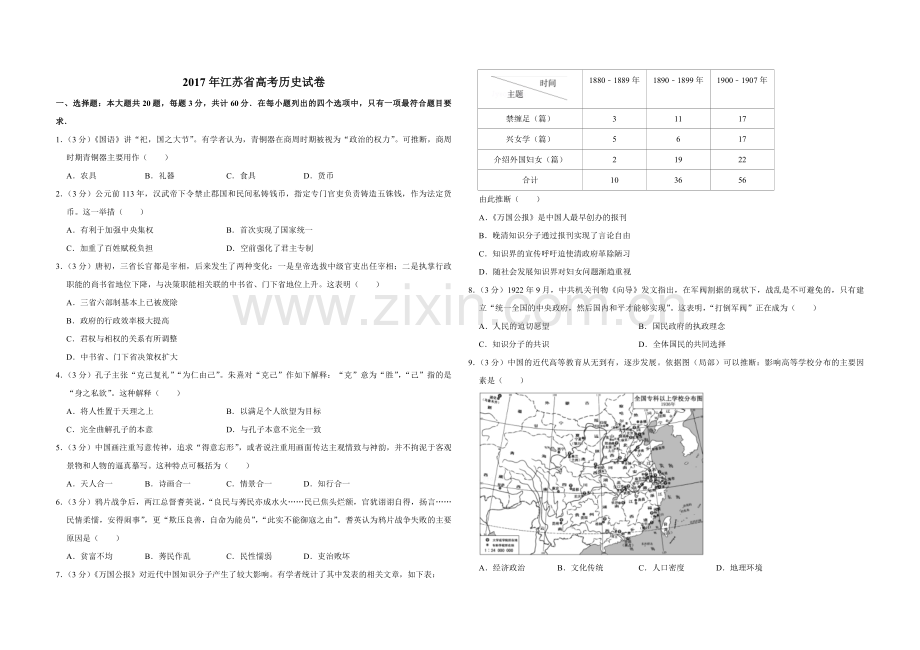 2017年江苏省高考历史试卷 .pdf_第1页
