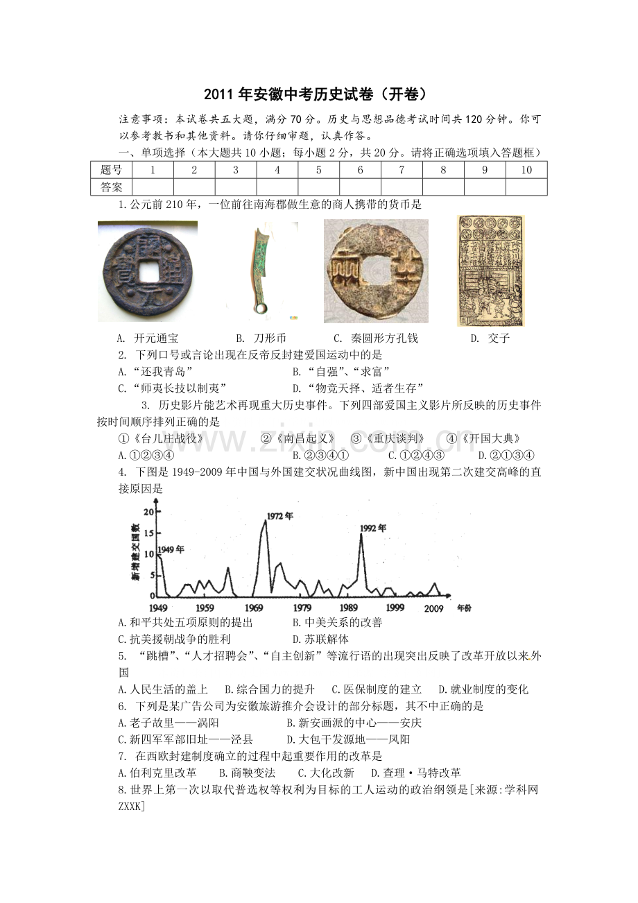 2011年安徽省历史中考试题及答案.doc_第1页