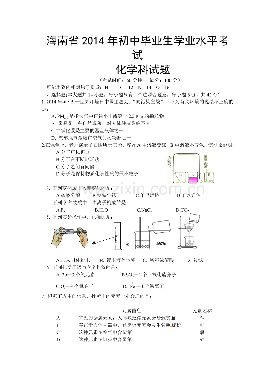 2014年海南中考化学试题及答案.doc_第1页