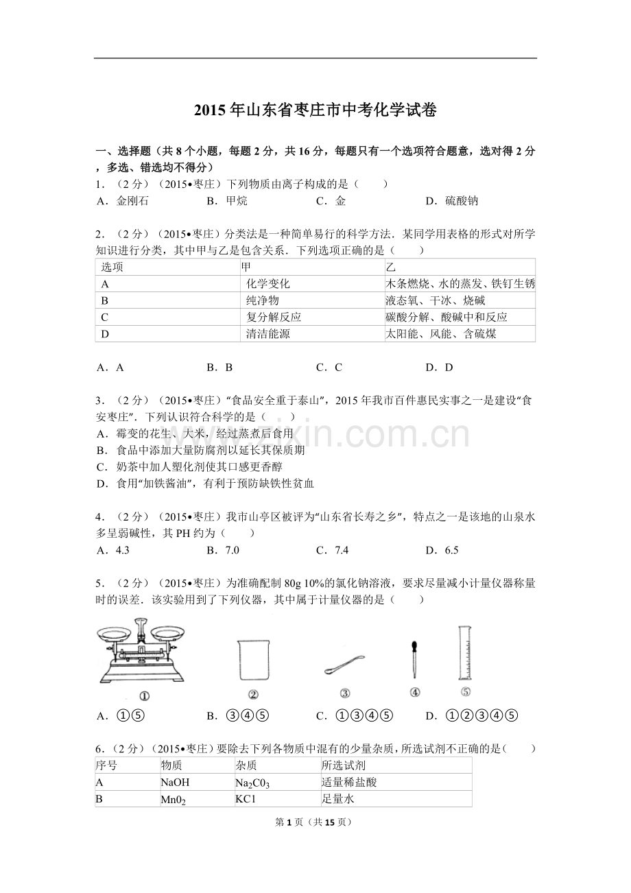 2015年枣庄市中考化学试卷及答案解析.doc_第1页