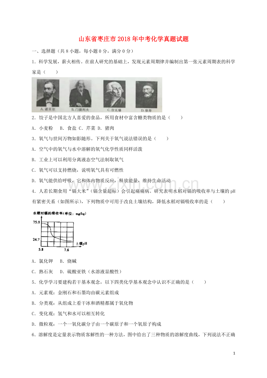 山东省枣庄市2018年中考化学真题试题（含解析）.doc_第1页