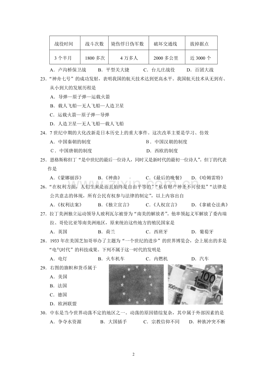 江苏省南通市2009年中考历史试题(word版-含答案).doc_第2页