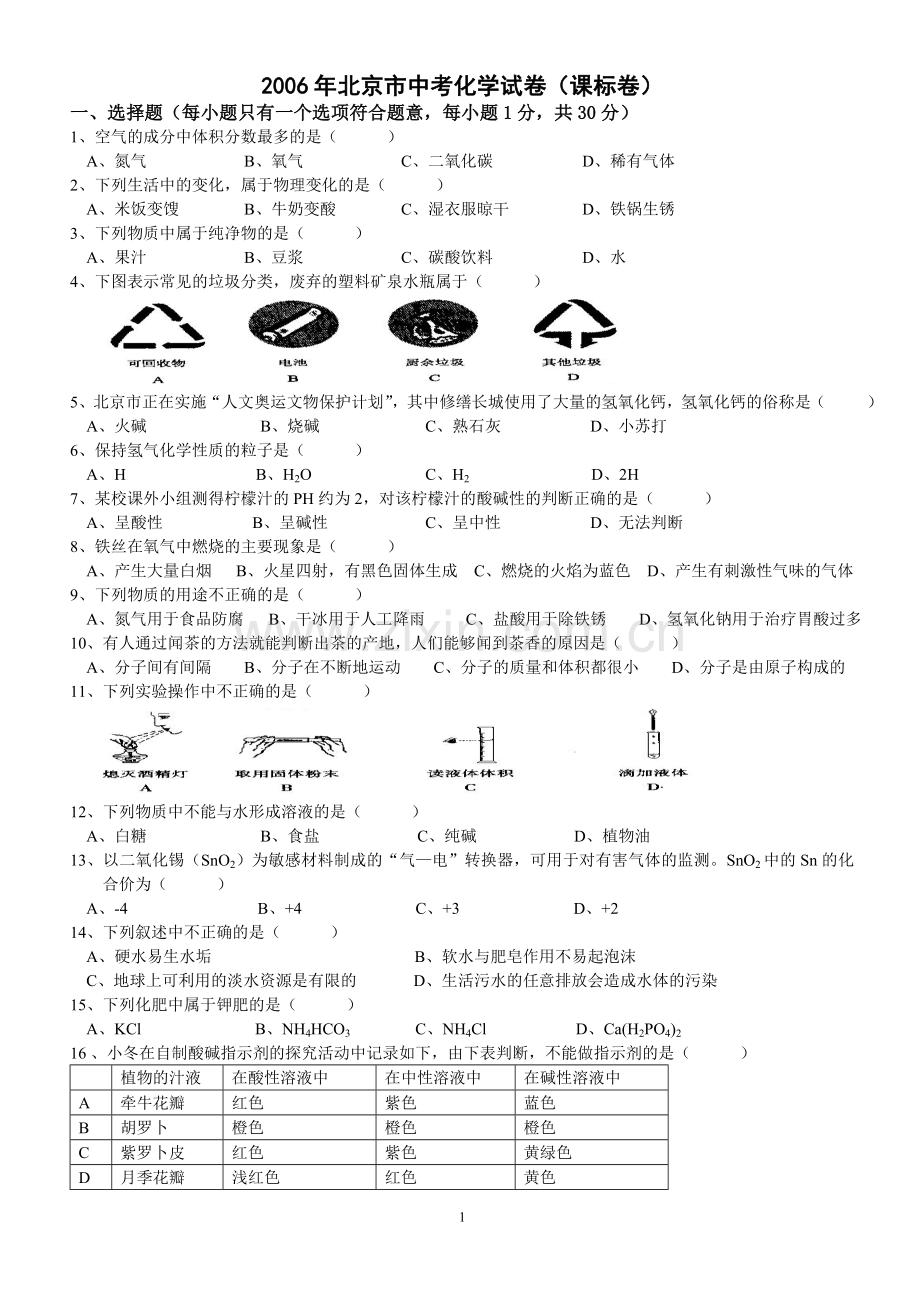 北京市2006年度中考化学真题与答案.doc_第1页