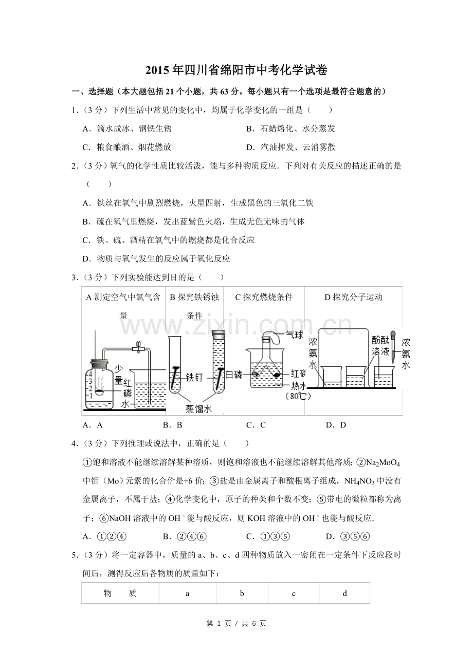 2015年四川省绵阳市中考化学试卷（学生版）.pdf_第1页