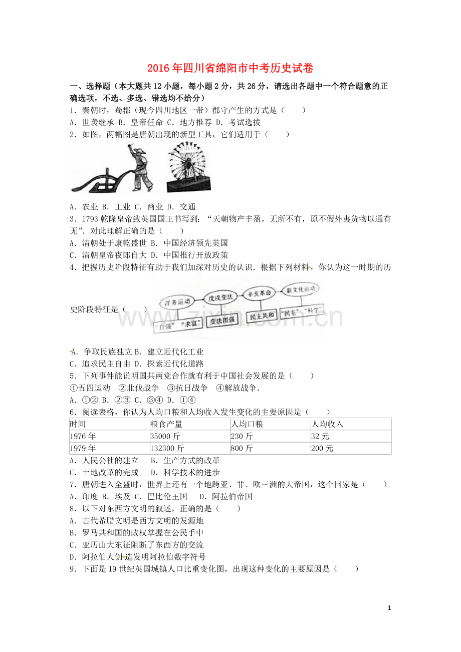 四川省绵阳市2016年中考历史真题试题（含解析）.doc_第1页