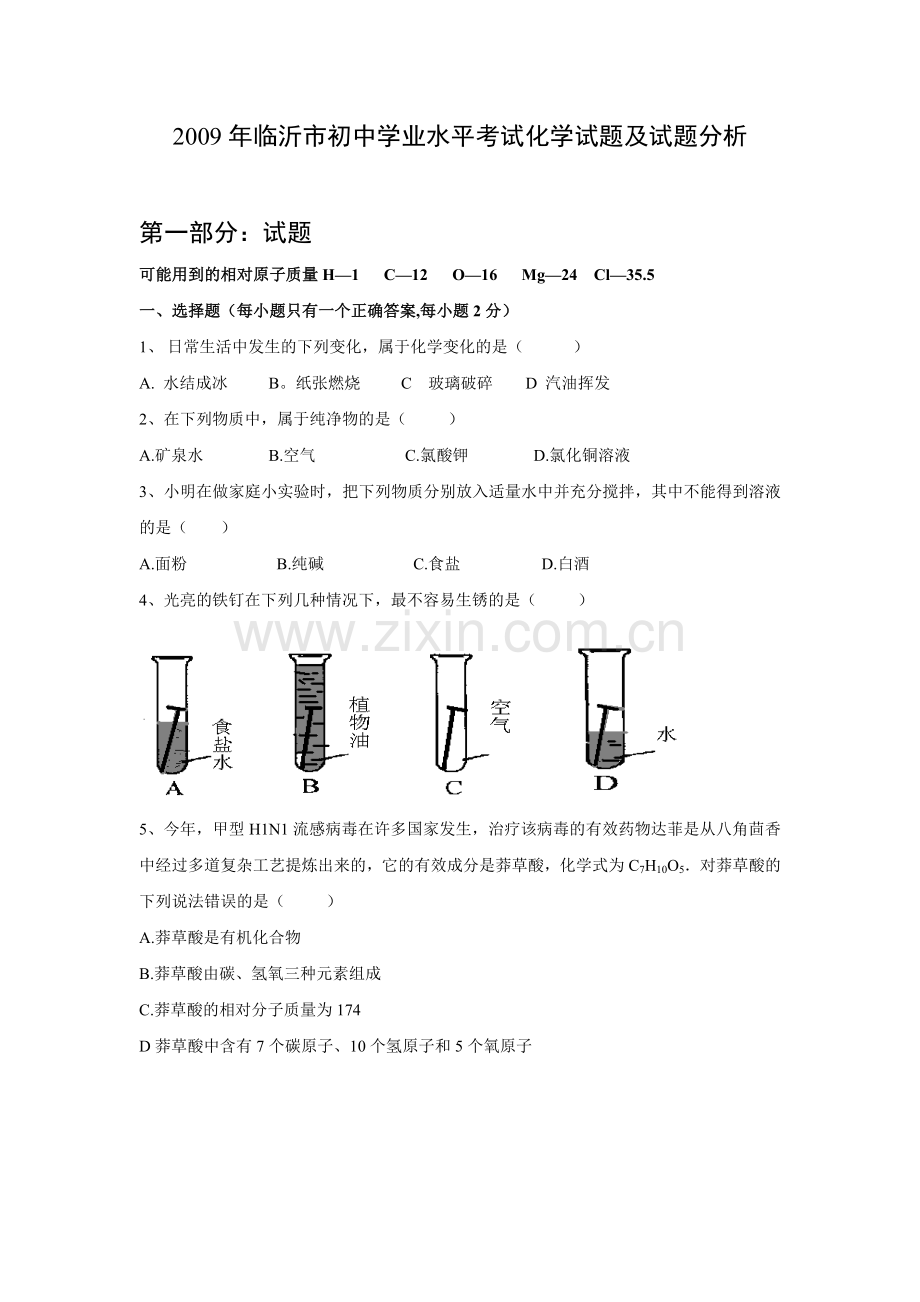 2009年山东省临沂市中考化学试题及答案.doc_第1页