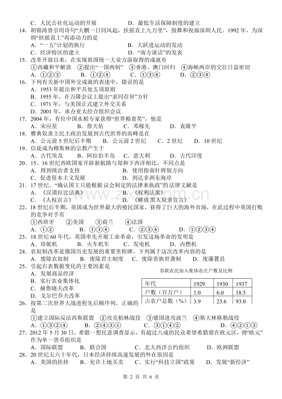 2012年江苏省南京市中考历史试卷及答案.doc_第2页