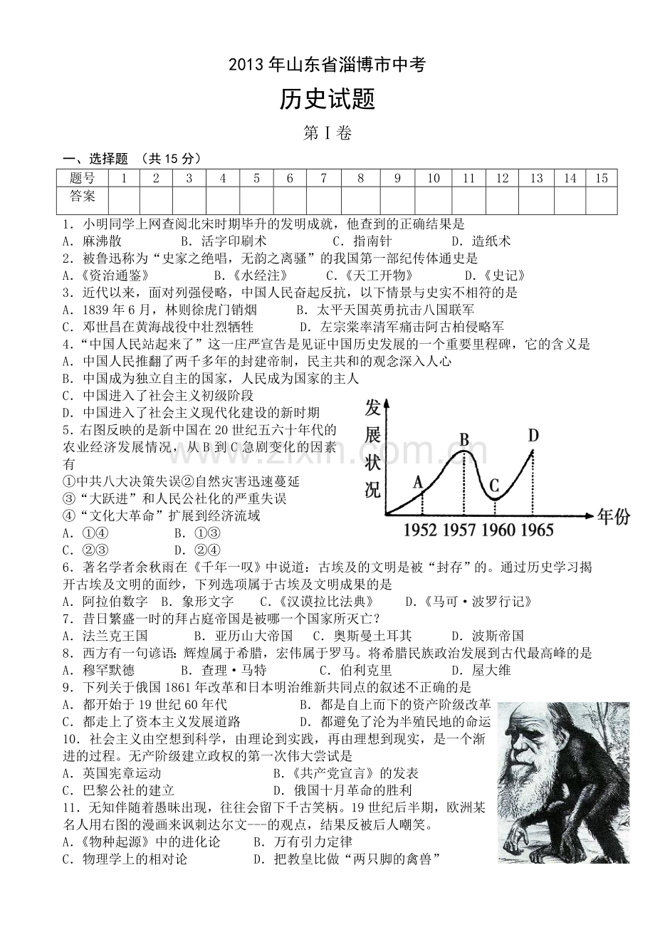 2013年山东淄博中考历史试题.doc_第1页