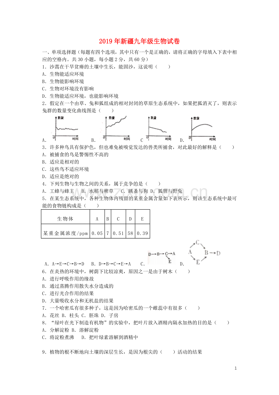 新疆2019年中考生物真题试题.docx_第1页