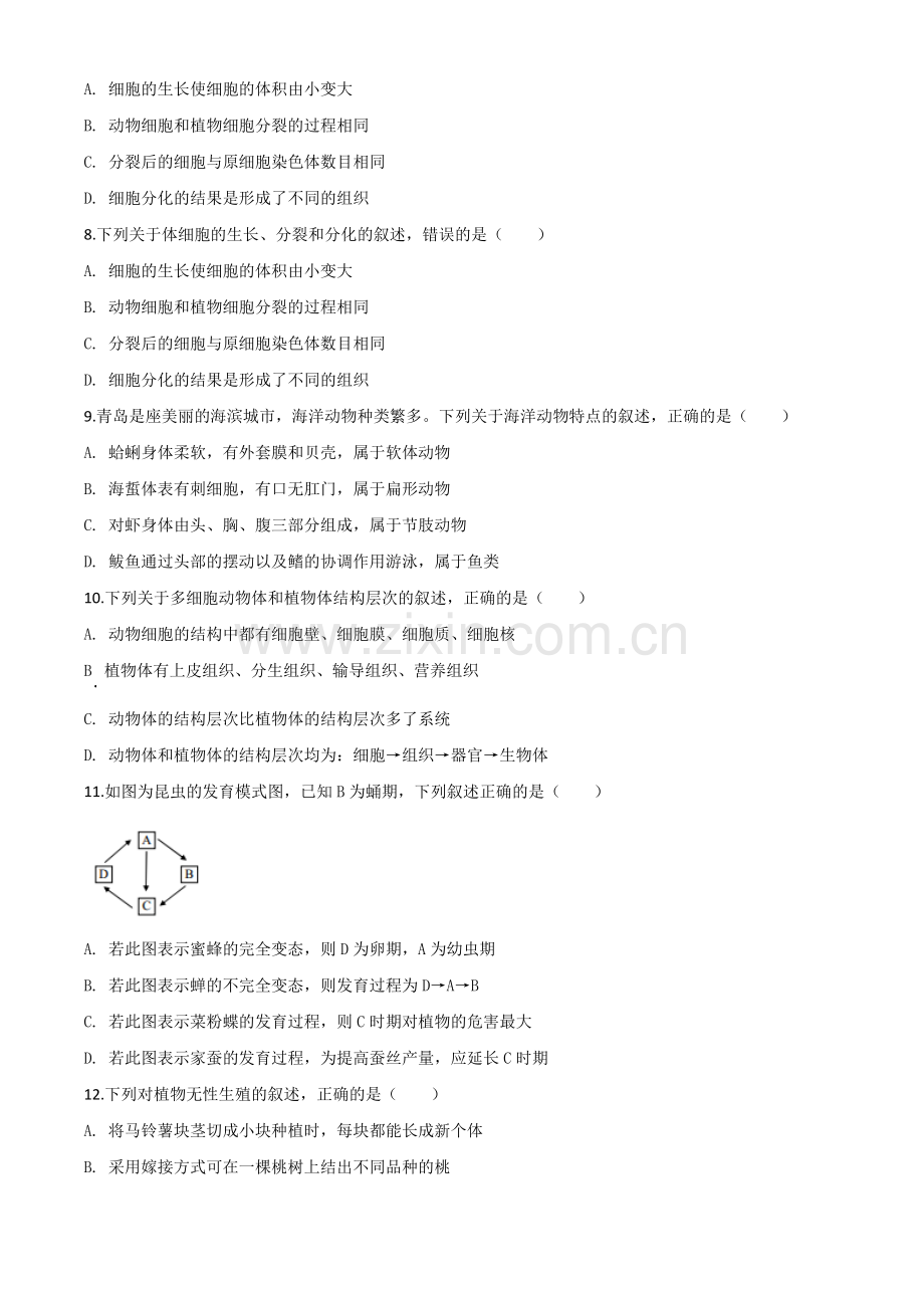 山东省青岛市2020年中考生物试题（原卷版）.doc_第2页