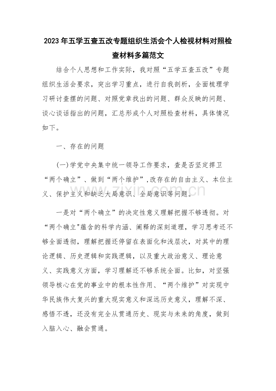2023年五学五查五改专题组织生活会个人检视材料对照检查材料多篇范文.docx_第1页