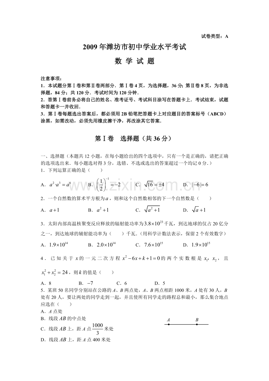 2009年山东省潍坊市中考数学试题及答案.doc_第1页